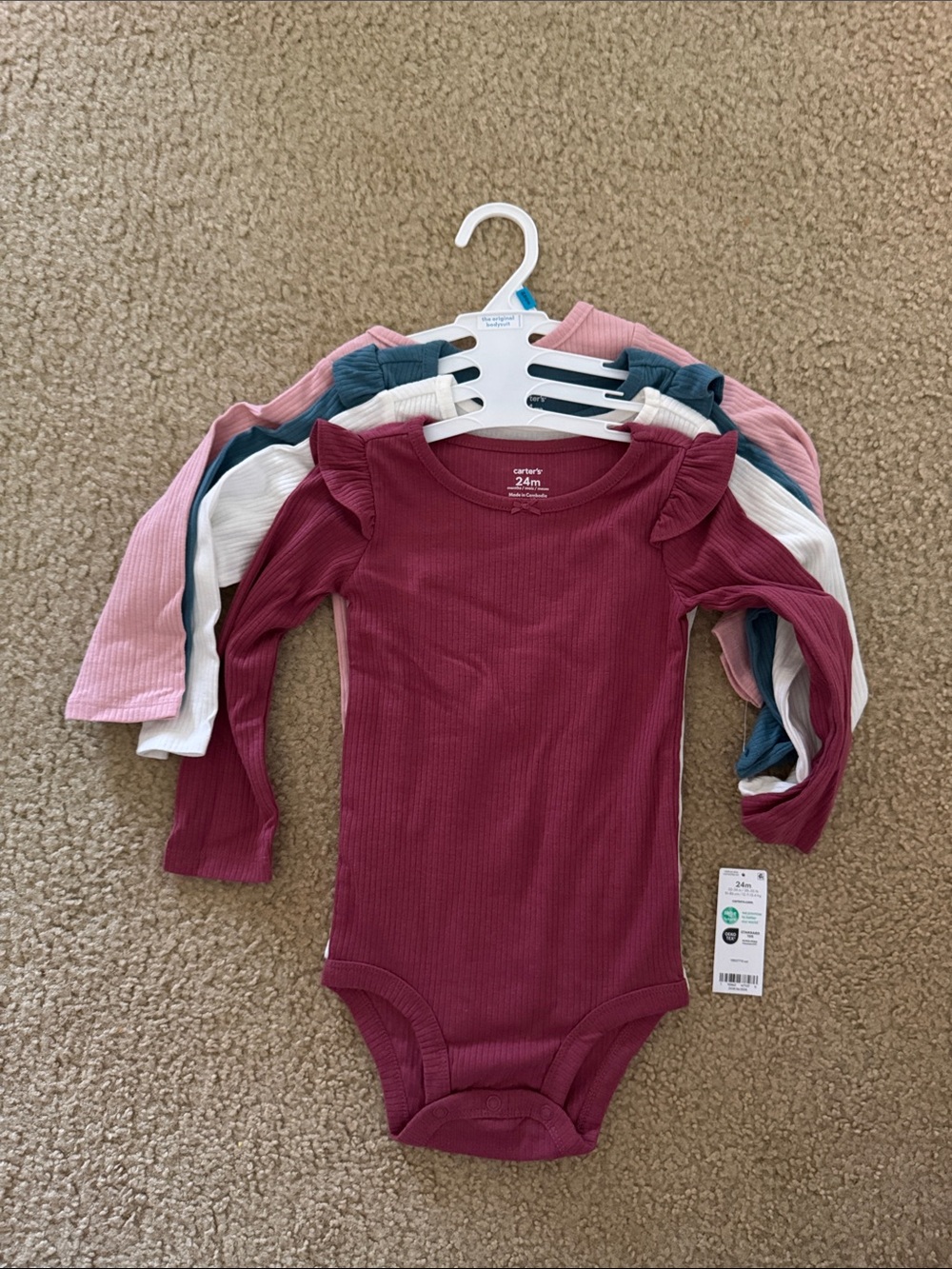 Carter's Long-Sleeve Ribbed One-Piece Bodysuits in Burgundy, Pink, Teal, White